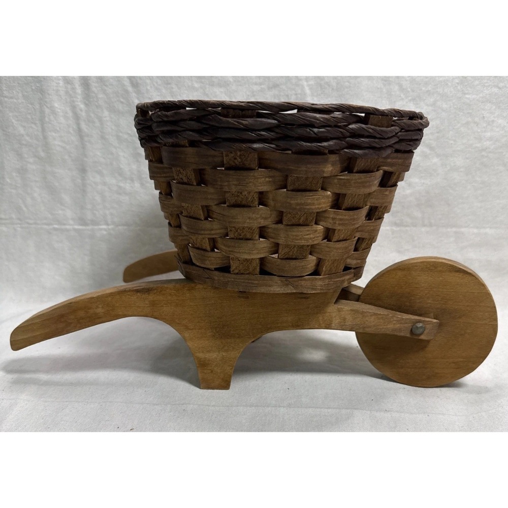 Vintage Wicker Basket Wheelbarrow Planter Wood Frame Large Rustic Decor